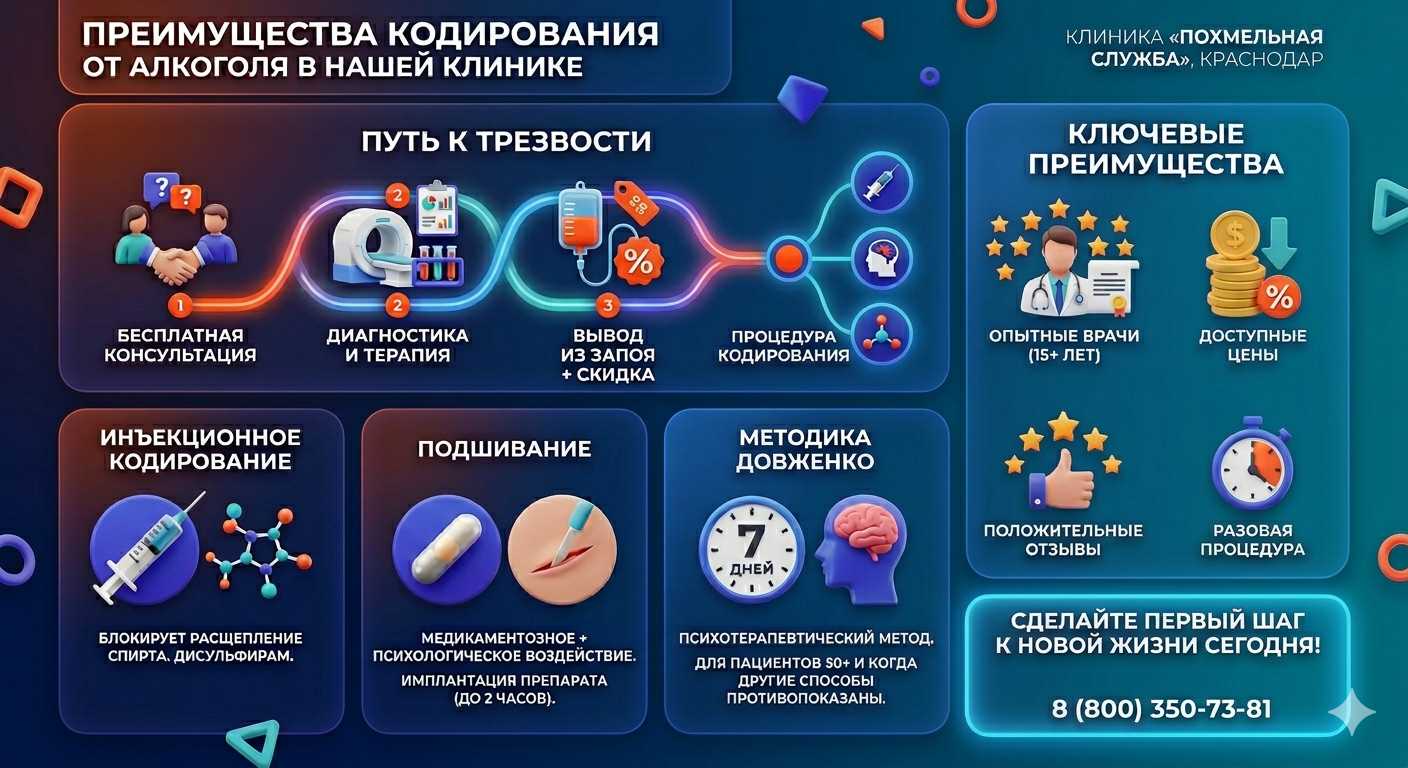 Инфографика о методах кодирования от алкоголя в Заречном: инъекции, подшивание, метод Довженко. Преимущества клиники и этапы лечения.