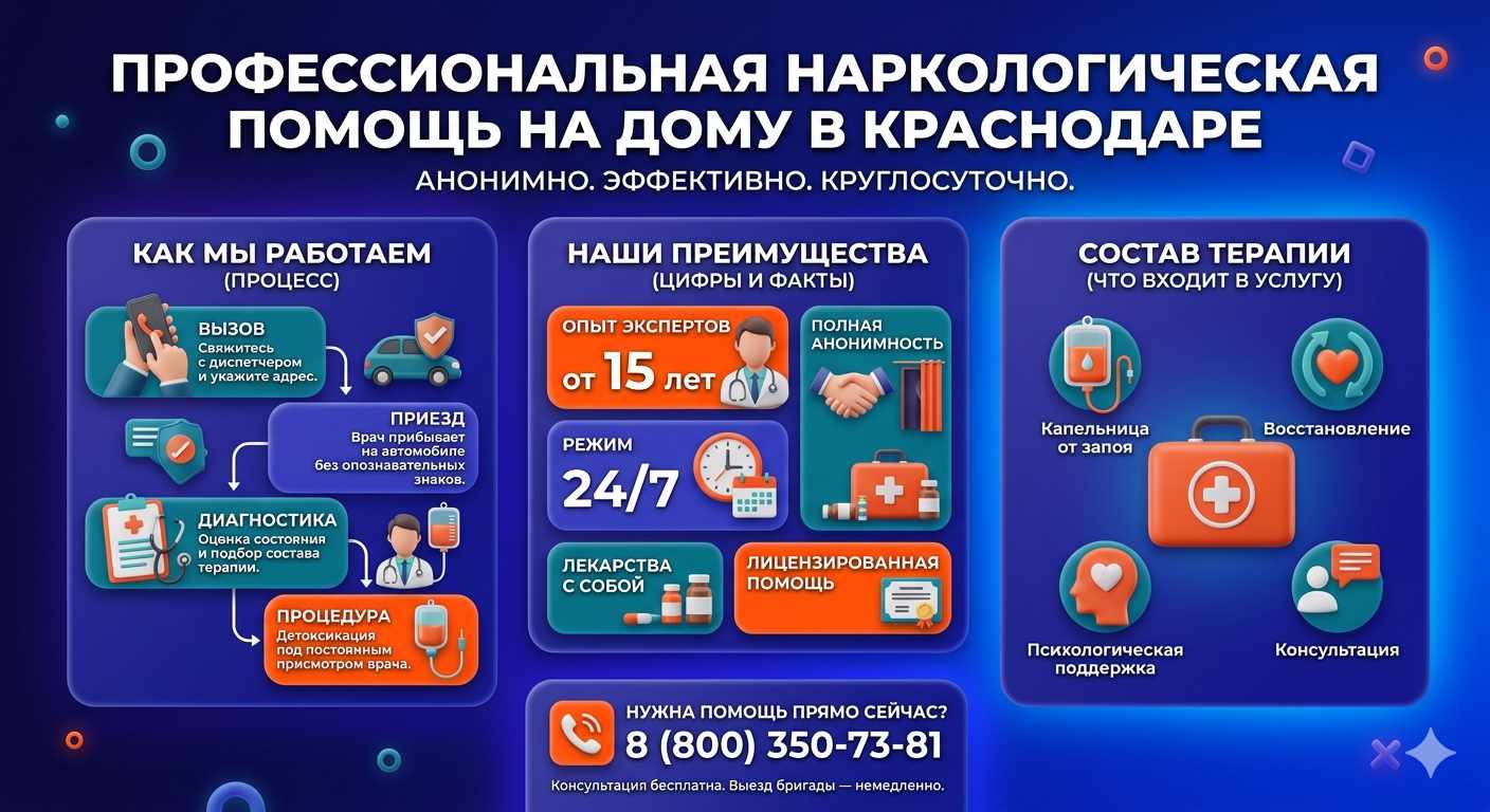 Инфографика о принципах лечения алкоголизма на дому в Заречном: этапы вызова нарколога, преимущества анонимной детоксикации и состав медицинской помощи.